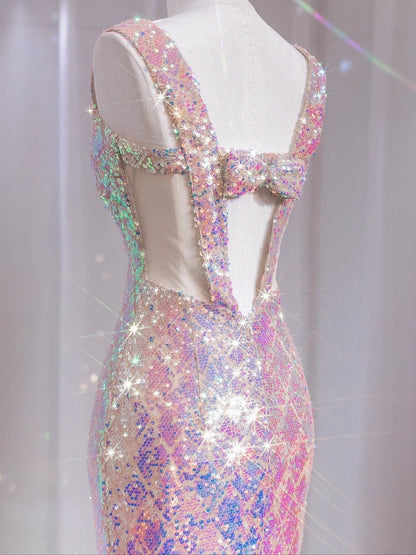 Funkelndes Meerjungfrauen-Abendkleid mit herzförmigem Ausschnitt, Trägern, rosa Pailletten, langes Ballkleid N724