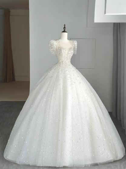 Robe de bal intemporelle bustier cœur en tulle blanc à sequins, robe de mariée longue de conte de fées automnal N540