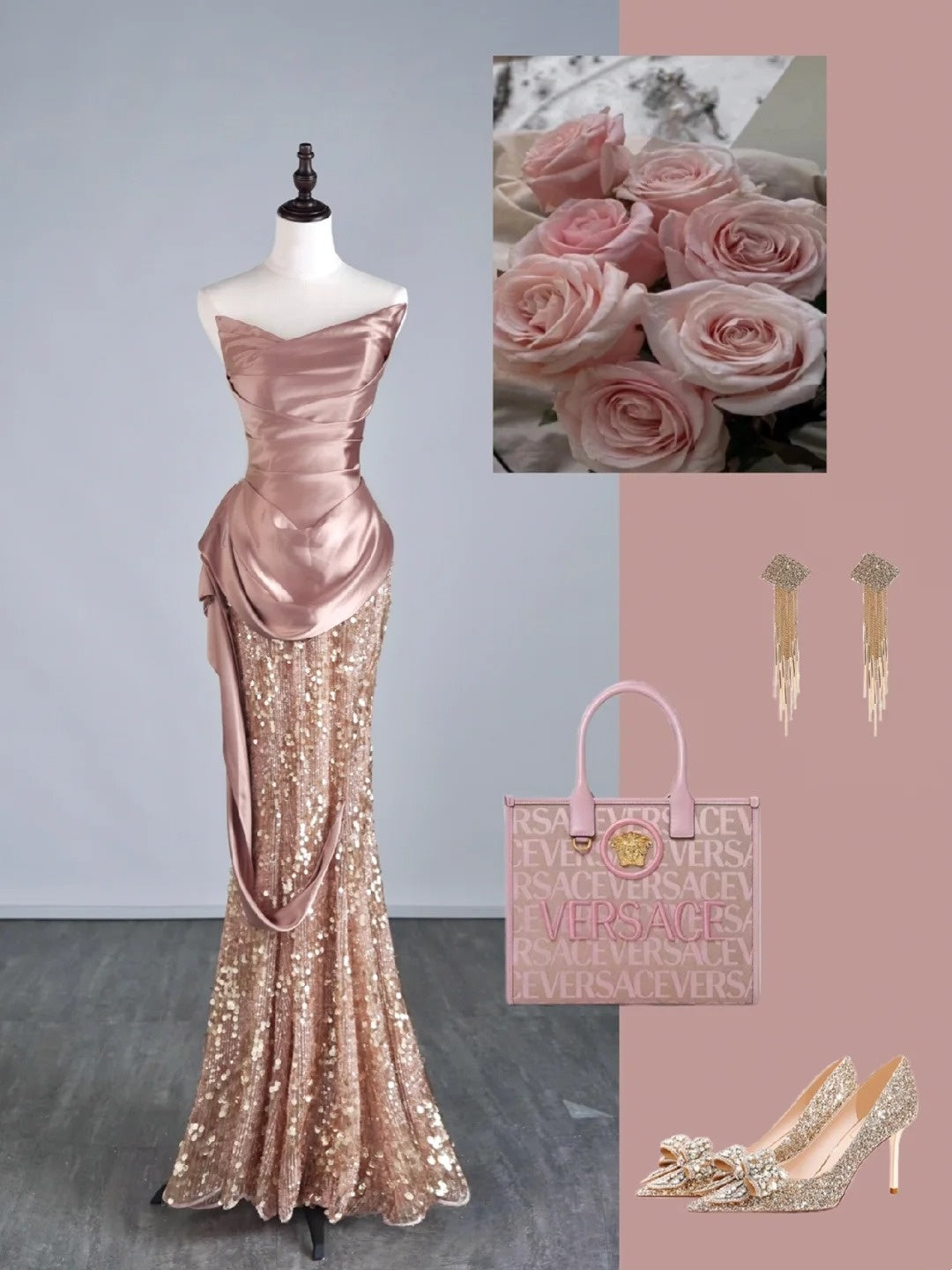 Robe de bal longue sirène rose poudré à sequins et volants plissés, style semi-formel, référence N687
