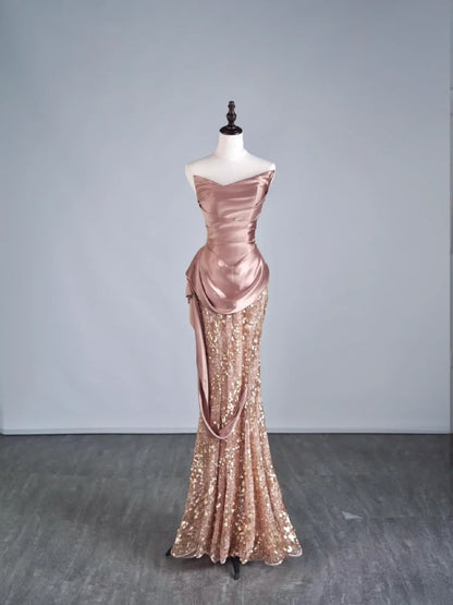 Robe de bal longue sirène rose poudré à sequins et volants plissés, style semi-formel, référence N687