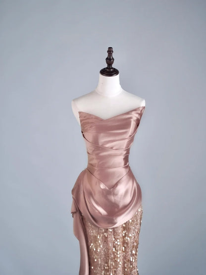 Robe de bal longue sirène rose poudré à sequins et volants plissés, style semi-formel, référence N687