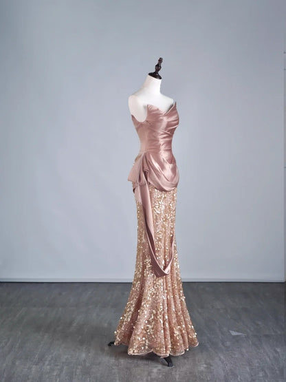 Robe de bal longue sirène rose poudré à sequins et volants plissés, style semi-formel, référence N687