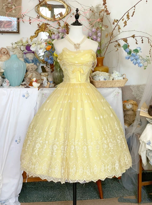 Unique Ball Gown Strapless Lace Yellow Tea Length Hoco & Homecoming Dress Inspo Graduation Dresses RB6476