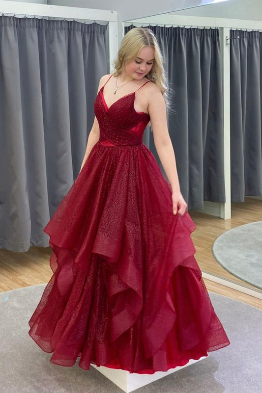 Robe de bal chic pour femme, bretelles spaghetti, tulle rouge bordeaux, longue, robe de soirée formelle AB1796