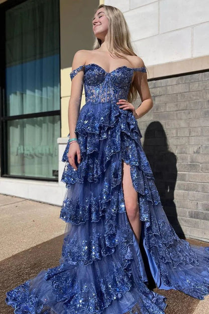 Robe de soirée longue en dentelle rose à épaules dénudées et fente, modèle AB480