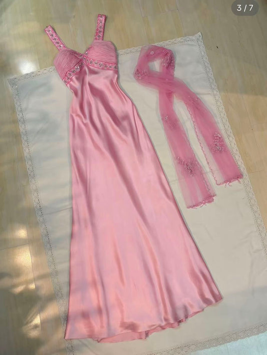 Lange Ballkleider für Damen N4148 mit Glitzer-rosa Trägern und Perlenverzierung