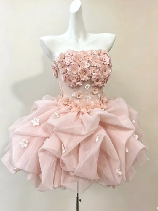 Pretty Ball Gown Strapless Pink Flowers Homecoming Dress Inspo Short High School Senior For Teens Graduation Dresses RB6898