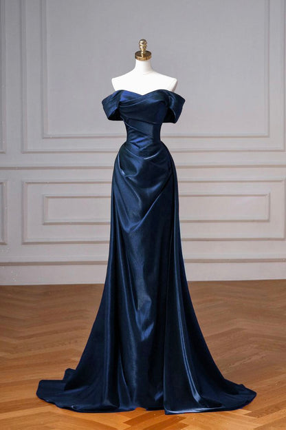 Elegantes, schulterfreies, marineblaues Satin-Abendkleid in A-Linie, langes Hochzeitsgastkleid, AB689