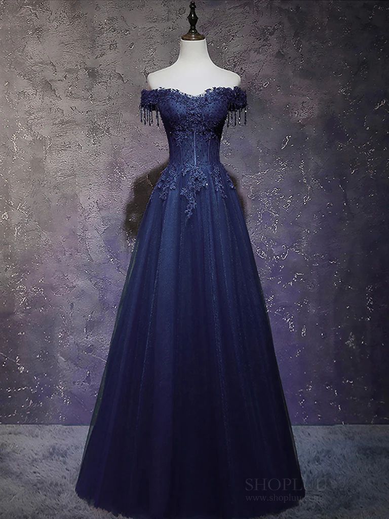 Robe de bal marine scintillante, épaules dénudées, longueur au sol, en dentelle bleu marine, référence AB745