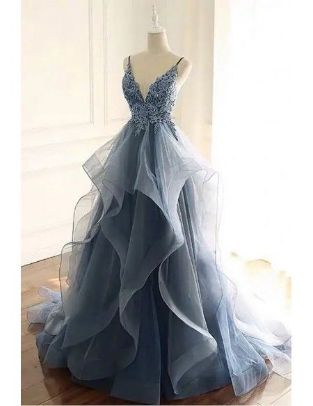 Beautiful Vneck Sequined Lace Ruffled Blue Prom Dress With Straps N1783