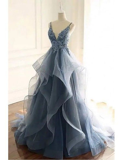 Beautiful Vneck Sequined Lace Ruffled Blue Prom Dress With Straps N1783