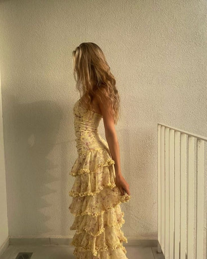 Schlichtes Etuikleid, trägerlos, gelb, Chiffon, Blumenmuster, langes Ballkleid, Partykleid zum 22. Geburtstag, Outfits, Abschlusskleid RB010