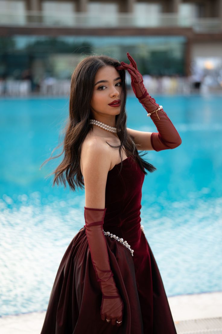 Burgundy Prom Dresses Inspiration Ball Gown Strapless Velvet Evening Gown Long Gala Formal Dress RC1490