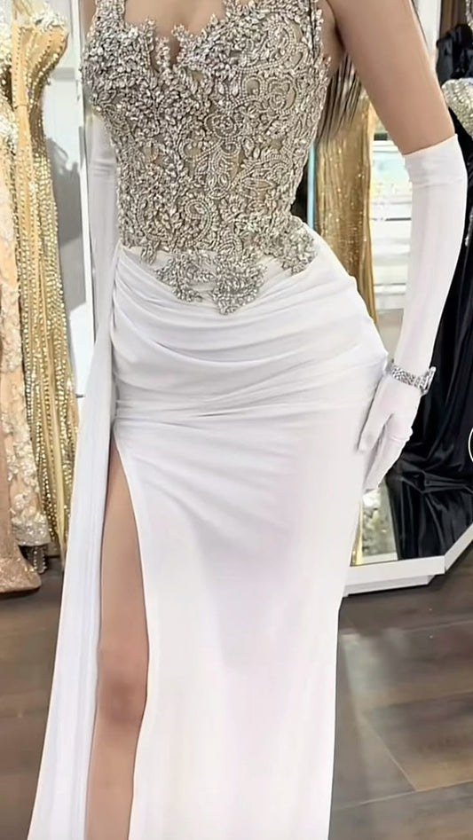 Sexy Mermaid Sweetheart White Slit Prom Dresses Inspiration Sparkly Birthday Dress Princess Graduation Dress B361