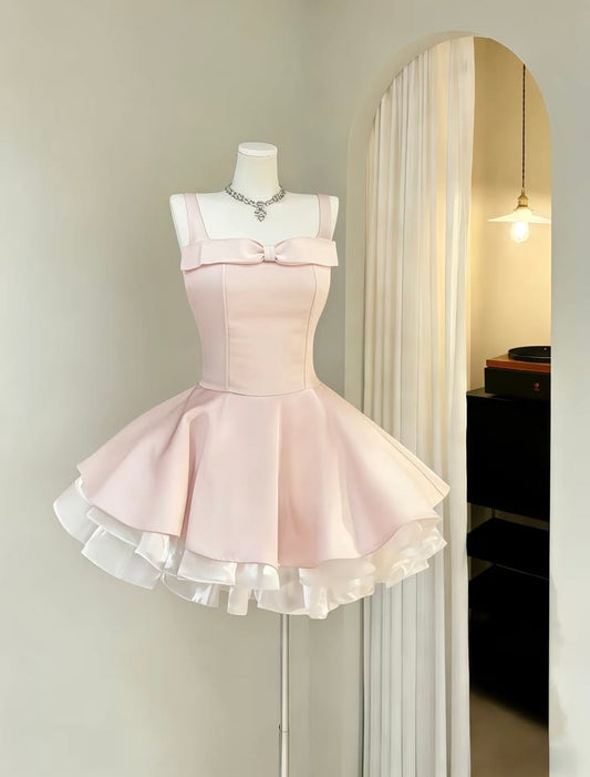 Cute Ball Gown Square Neck Pink Satin Mini Hoco & Homecoming Dress Ideas Short Party Dresses RB6466