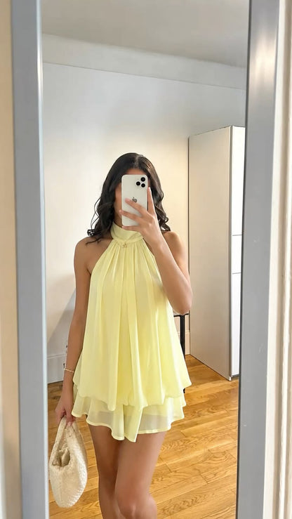 Sweet A Line Halter Yellow Chiffon Birthday Outfits Mini Party Gown inspo Short Cocktail Hoco Dresses RB6077