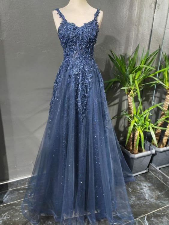 Robe de bal longue bleu marine en tulle, coupe trapèze, bretelles spaghetti, style modeste, N048