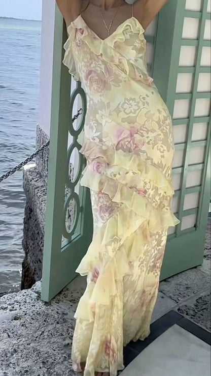 Robe de bal longue sirène unique à fines bretelles en dentelle jaune et mousseline, idéale pour un 21e anniversaire ou une remise de diplôme (N901)