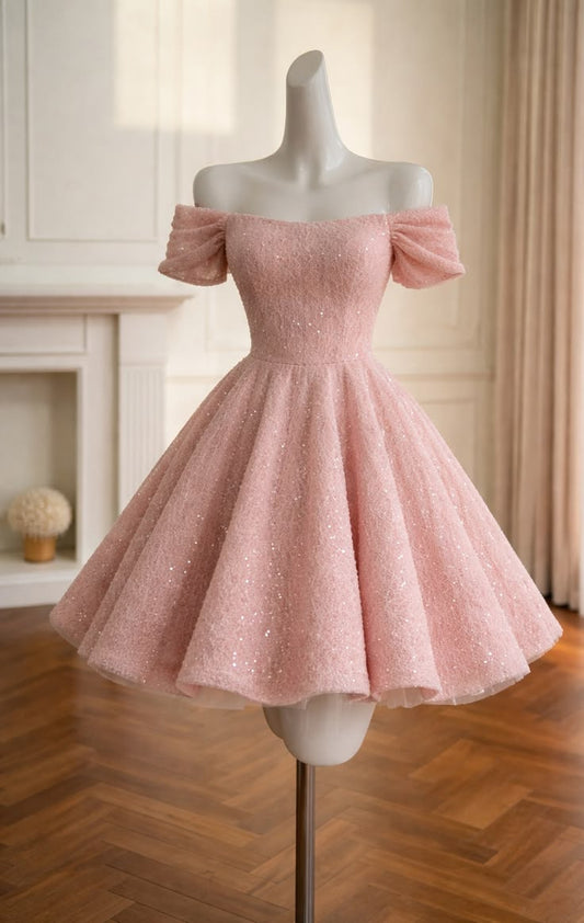 Cute Ball Gown Off The Shoulder Pink Sequin Short Mini 18th Birthday Party Homecoming Dresses RB6340