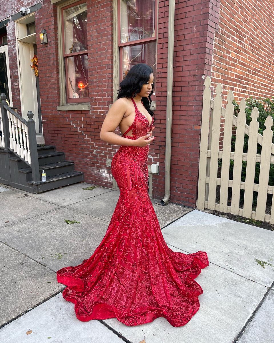Robe de soirée sirène rouge à paillettes, dos nu, collection 2026, ornée de sequins, idéale pour un bal de promo ou un 22e anniversaire (AB1369)