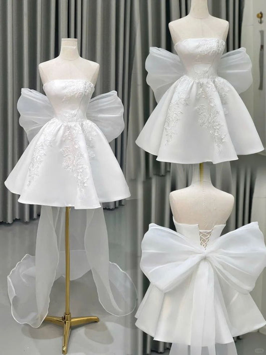 Timeless Ball Gown Strapless Short White With Lace Appliqued Bow Summer Beach Wedding Dresses RB3543