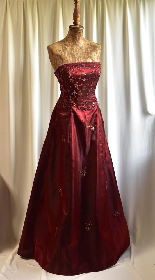 Vintage A-Linien-Kleid, trägerlos, burgunderrot, Satin, für Damen, Partykleid, formelles Ballkleid, Inspiration für den 22. Geburtstag, AB1370