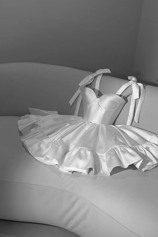 Unique Ball Gown Spaghetti Strap White Satin Mini Hoco & Homecoming Dress Inspo Short Party Dresses RB6473