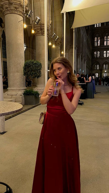Schlichtes, rückenfreies, burgunderrotes A-Linien-Abendkleid mit Spaghettiträgern für Teenager, formelles Abendkleid, Partykleid, Ballkleid AB1037