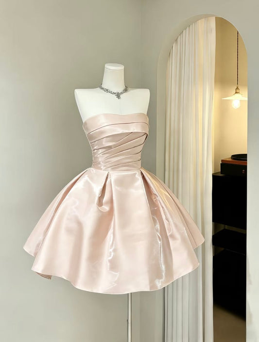 Cute Ball Gown Strapless Pink Satin Mini Hoco & Homecoming Dress Ideas Short Party Dresses RB6467