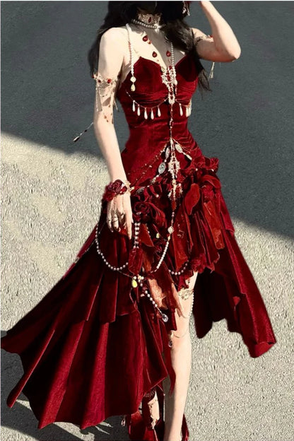 Robe de bal longue en velours bordeaux, style sirène vintage, bretelles spaghetti, tenue de bal pour 16e anniversaire, RB1643