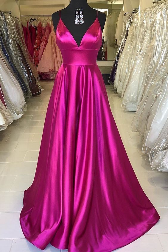 Schlichtes, langes A-Linien-Abendkleid aus pinkfarbenem Satin mit Spaghettiträgern – Inspiration für formelle Abendgarderobe AB825