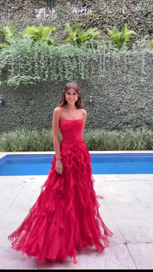 Bezauberndes, ärmelloses, langes, rotes A-Linien-Abendkleid mit Herzausschnitt – ideal als Hochzeitsgastkleid oder elegantes Ballkleid AB260