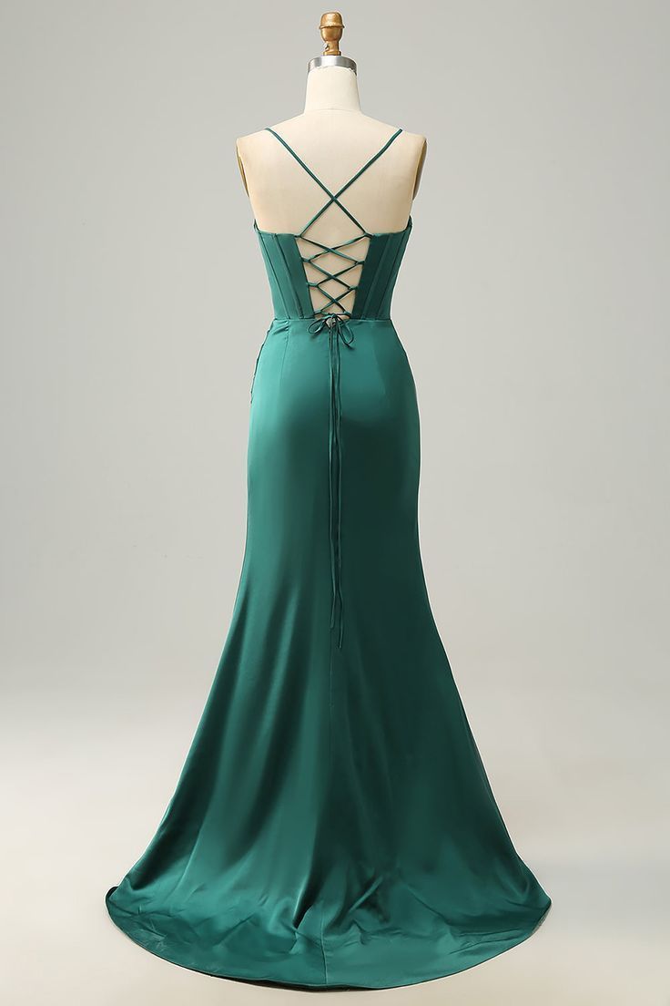 Langes, schlichtes Meerjungfrauen-Abendkleid aus Satin mit Spaghettiträgern und Seitenschlitz (N1862)