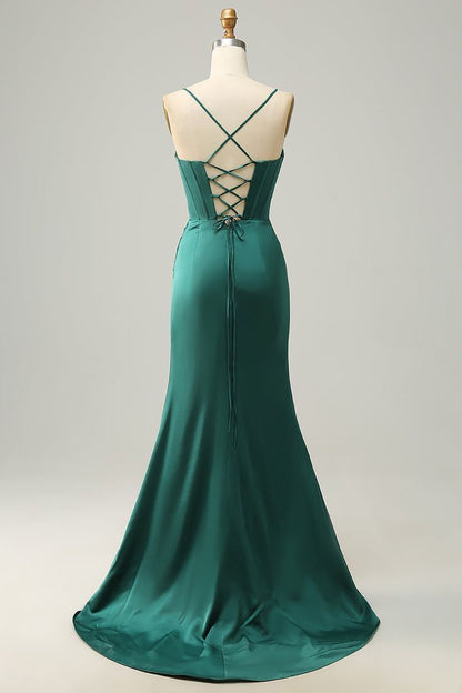 Langes, schlichtes Meerjungfrauen-Abendkleid aus Satin mit Spaghettiträgern und Seitenschlitz (N1862)