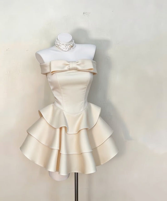 Cute A Line Strapless With Bow Beige Hoco & Homecoming Dress Mini Party Dresses RB6478