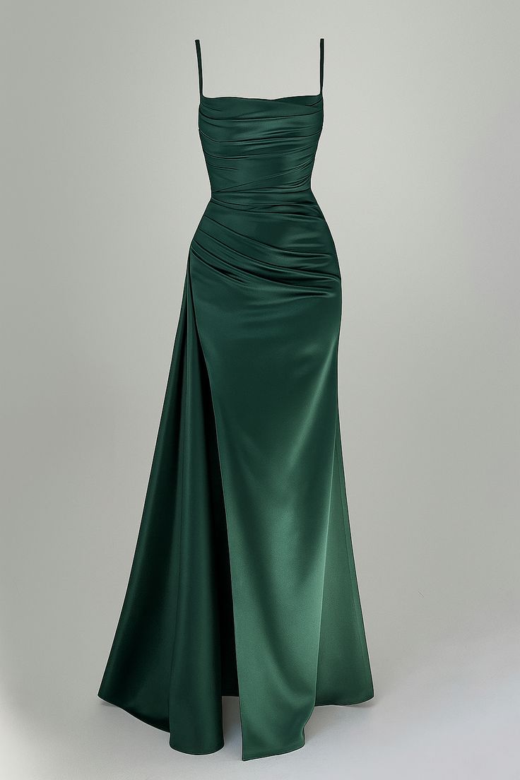Einzigartiges Meerjungfrauen-Spaghetti-Trägerkleid aus dunkelgrünem Satin mit Schlitz, langes Ballkleid, Inspiration für formelle Abendgarderobe AB1376