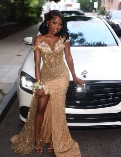Magnifique robe de soirée sirène dorée à fente haute, ornée de sequins et de perles N628