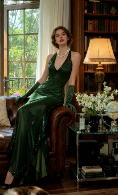 Robe de bal longue en mousseline verte à col licou et perles, élégante robe de soirée verte, tenue de danse N530