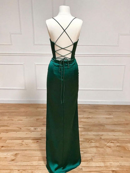 Langes, schlichtes Meerjungfrauen-Abendkleid aus Satin mit Spaghettiträgern und Seitenschlitz (N1862)