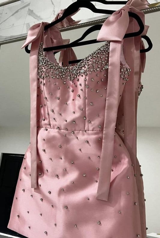 Glitter A Line With Strap Sequined Pink Satin Homecoming Dresses Party Outfit Birthday Dress Cocktail Outfits RB6266