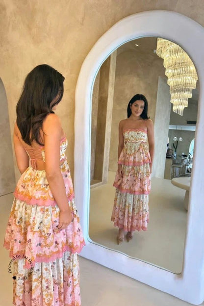 Elegant A Line Spaghetti Straps Floral Print Ruffles Long Prom Dress Party Gowns AB486