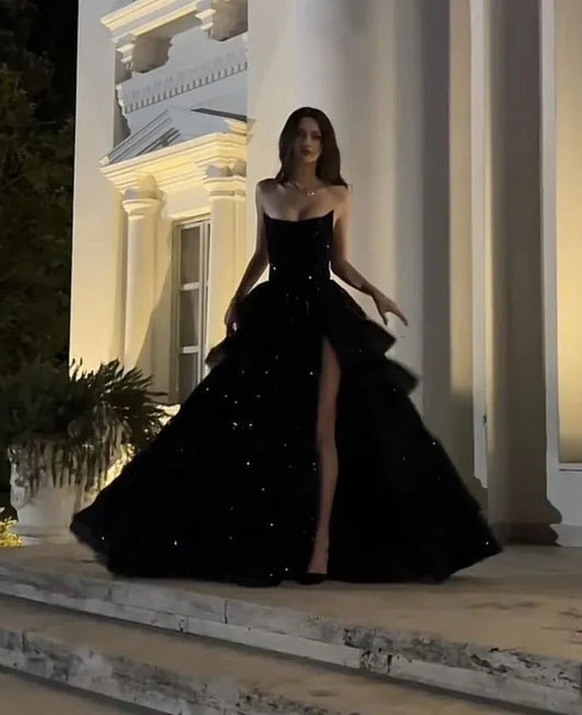 Gorgeous A Line Strapless Sleeveless Lace Up Floor-Length Black Slit Prom Dresses Vestidos Evening Gowns AB487