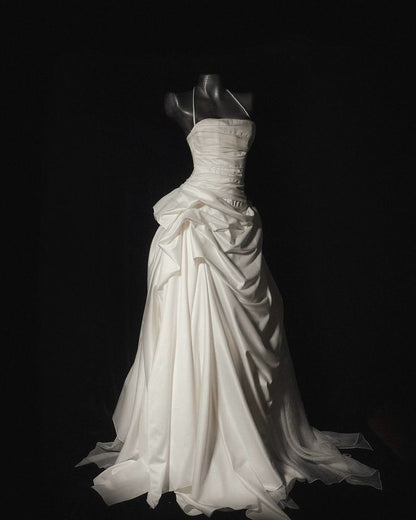 Romantic Women's Ball Gown Halter 80s With Ruched Pleated Satin Sweep Train Wedding Dresses AB1493