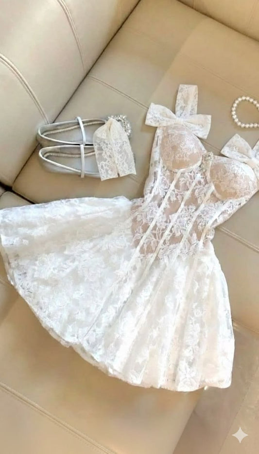 Cute A Line Straps With Bow White Hoco & Homecoming Dress Lace Party Dresses RB6474