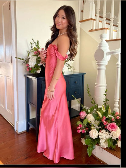 Robe De Bal De Promo Sirène Simple Épaules Dénudées En Satin Rose Sans Manches Formelle Pour Femmes Filles Adolescentes N2288