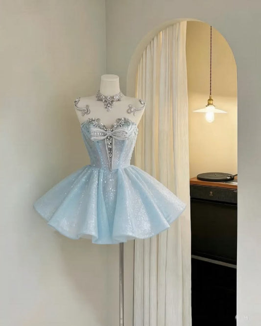 Cute Ball Gown Blue Sequined Mini Hoco & Homecoming Dress Ideas Short Party Dresses RB6475
