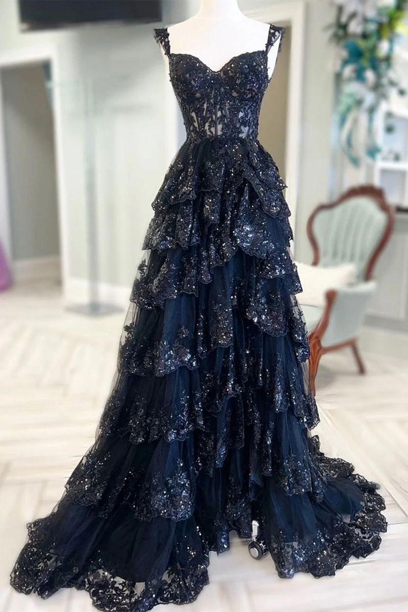 Funkelndes, ärmelloses Pailletten-Ballkleid mit Spaghettiträgern, marineblau, AB457