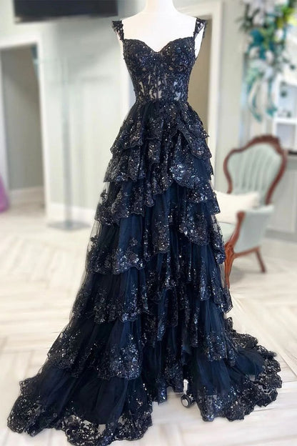 Funkelndes, ärmelloses Pailletten-Ballkleid mit Spaghettiträgern, marineblau, AB457