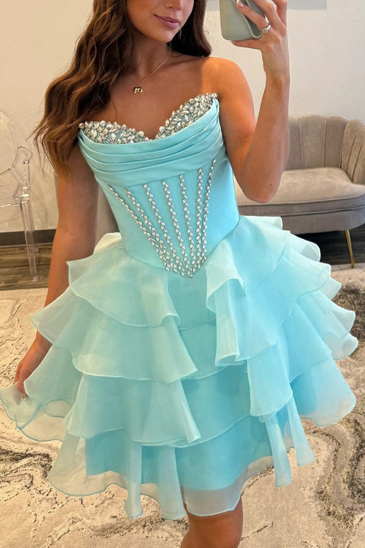 Beaded Neck Blue Ruffle Tiered Short Dress Homecoming Dresses Birthday Party Gown RB6303