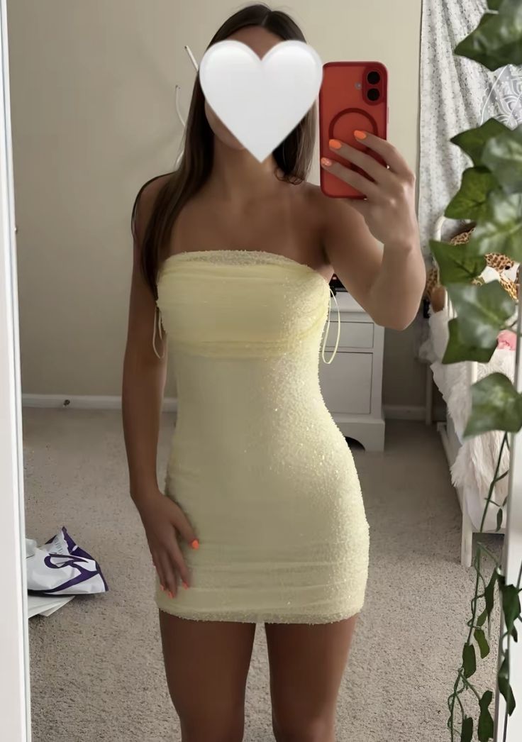Glitter Sheath Strapless Yellow Sequined Homecoming Dresses Party Outfit Birthday Dress Cocktail Outfits RB6273